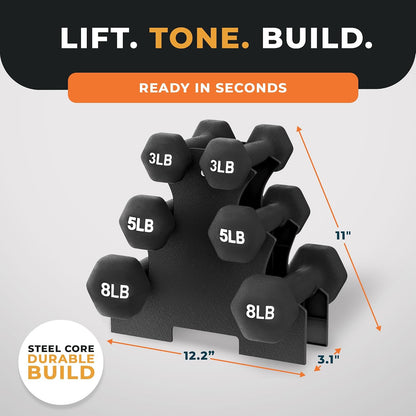 BalanceFrom Neoprene Coated Iron Dumbbell Hex Weights Set with Stand – Color-Coded or Black Options with Non-Slip Grip for Strength Training, Resistance Workouts, and Home Gym Fitness