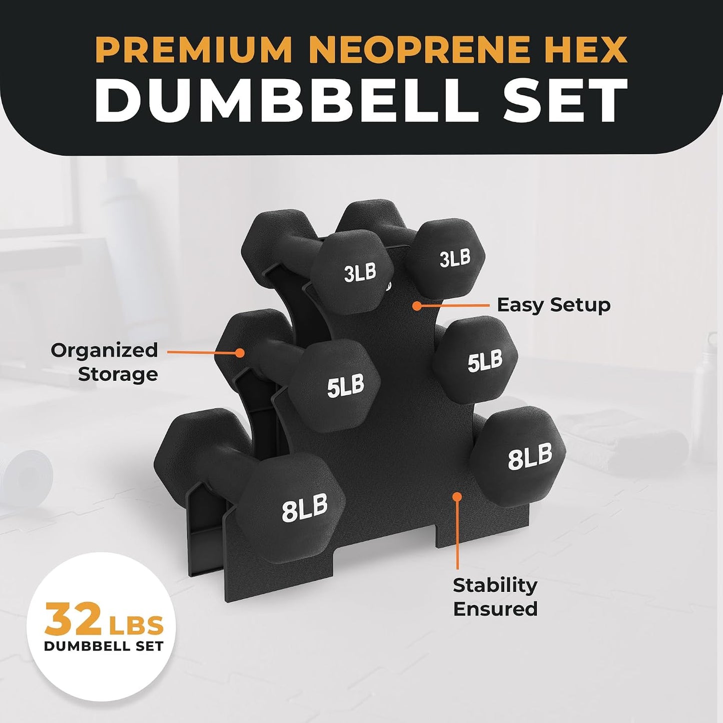 BalanceFrom Neoprene Coated Iron Dumbbell Hex Weights Set with Stand – Color-Coded or Black Options with Non-Slip Grip for Strength Training, Resistance Workouts, and Home Gym Fitness