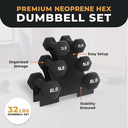 BalanceFrom Neoprene Coated Iron Dumbbell Hex Weights Set with Stand – Color-Coded or Black Options with Non-Slip Grip for Strength Training, Resistance Workouts, and Home Gym Fitness