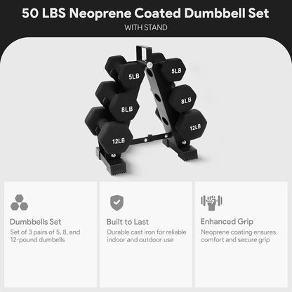 BalanceFrom Neoprene Coated Iron Dumbbell Hex Weights Set with Stand – Color-Coded or Black Options with Non-Slip Grip for Strength Training, Resistance Workouts, and Home Gym Fitness