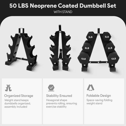 BalanceFrom Neoprene Coated Iron Dumbbell Hex Weights Set with Stand – Color-Coded or Black Options with Non-Slip Grip for Strength Training, Resistance Workouts, and Home Gym Fitness