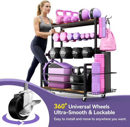 Dumbbell Rack with Wheels, 3-Tier Home Gym Storage Rack, Workout Equipment Organizer with Lockable Casters, Hooks, Side Basket and Wood Shelves