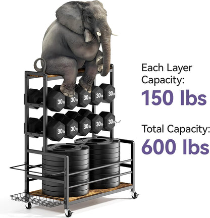 Dumbbell Rack with Wheels, 3-Tier Home Gym Storage Rack, Workout Equipment Organizer with Lockable Casters, Hooks, Side Basket and Wood Shelves