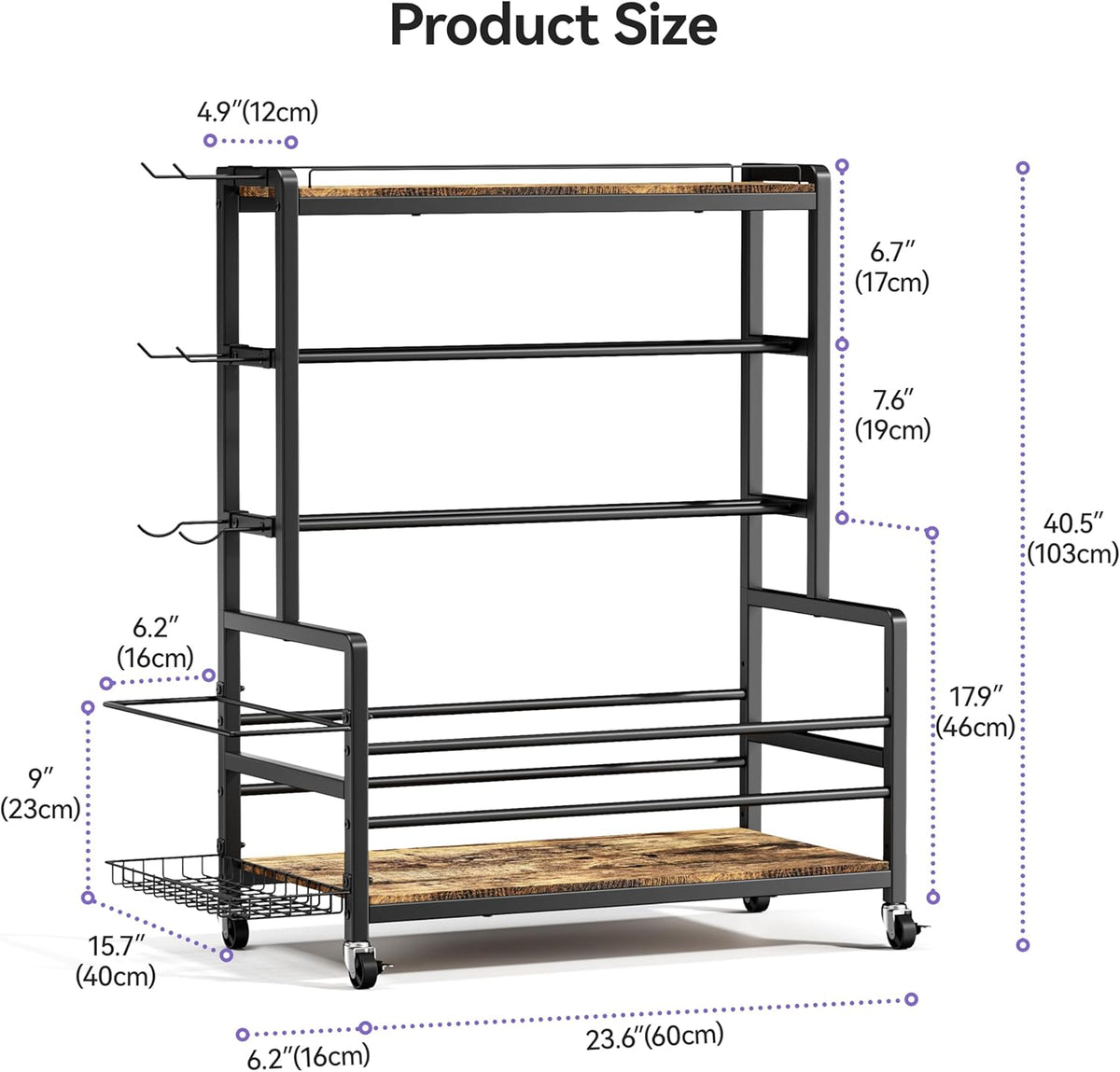 Dumbbell Rack with Wheels, 3-Tier Home Gym Storage Rack, Workout Equipment Organizer with Lockable Casters, Hooks, Side Basket and Wood Shelves