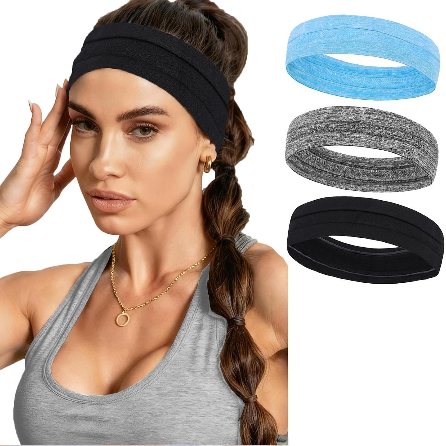 3Pcs Headbands for Women Workout, Women's Fashion Non Slip Moisture Wicking Sweatband for Sports Athletic Yoga Headband