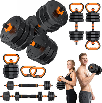 5-in-1 Adjustable Dumbbell Set, 33/44/66/88lbs Free Weights Set with Connector, Used as Kettlebells, Barbell, Push up Stand, Standard 1" Plates, Fitness Exercises for Home Gym Suitable Women/Men