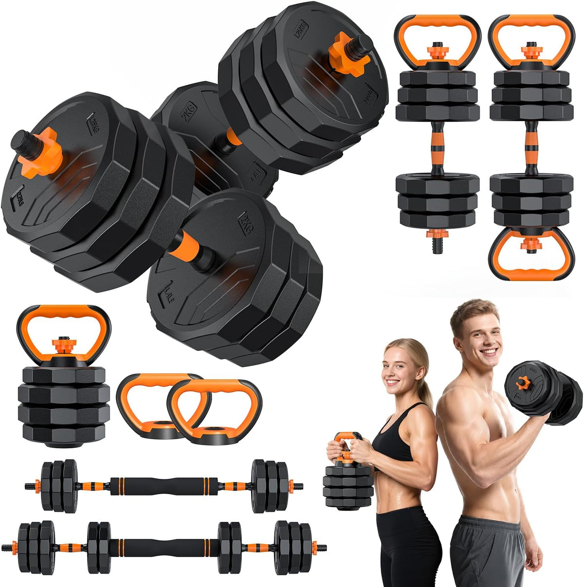 5-in-1 Adjustable Dumbbell Set, 33/44/66/88lbs Free Weights Set with Connector, Used as Kettlebells, Barbell, Push up Stand, Standard 1" Plates, Fitness Exercises for Home Gym Suitable Women/Men