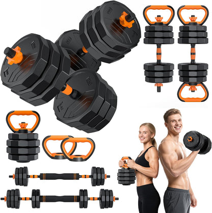 5-in-1 Adjustable Dumbbell Set, 33/44/66/88lbs Free Weights Set with Connector, Used as Kettlebells, Barbell, Push up Stand, Standard 1" Plates, Fitness Exercises for Home Gym Suitable Women/Men