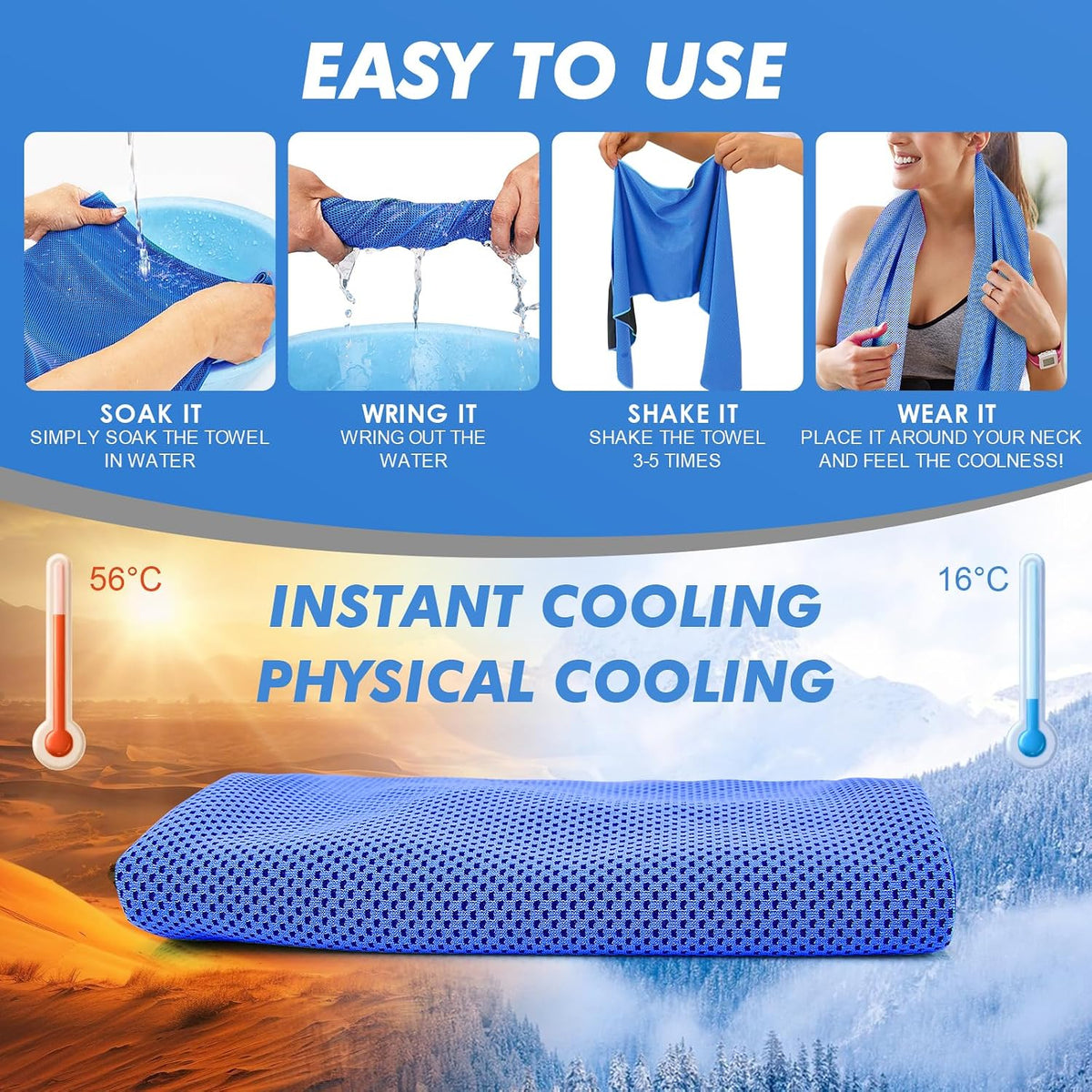 Cooling Towels for Neck and Face - 4 Pack 47x12 Inch Ice Cold Microfiber Towels, Soft & Breathable Cooling Towel for Hot Weather, Sports, Yoga, Workout, Running, Golf, Camping