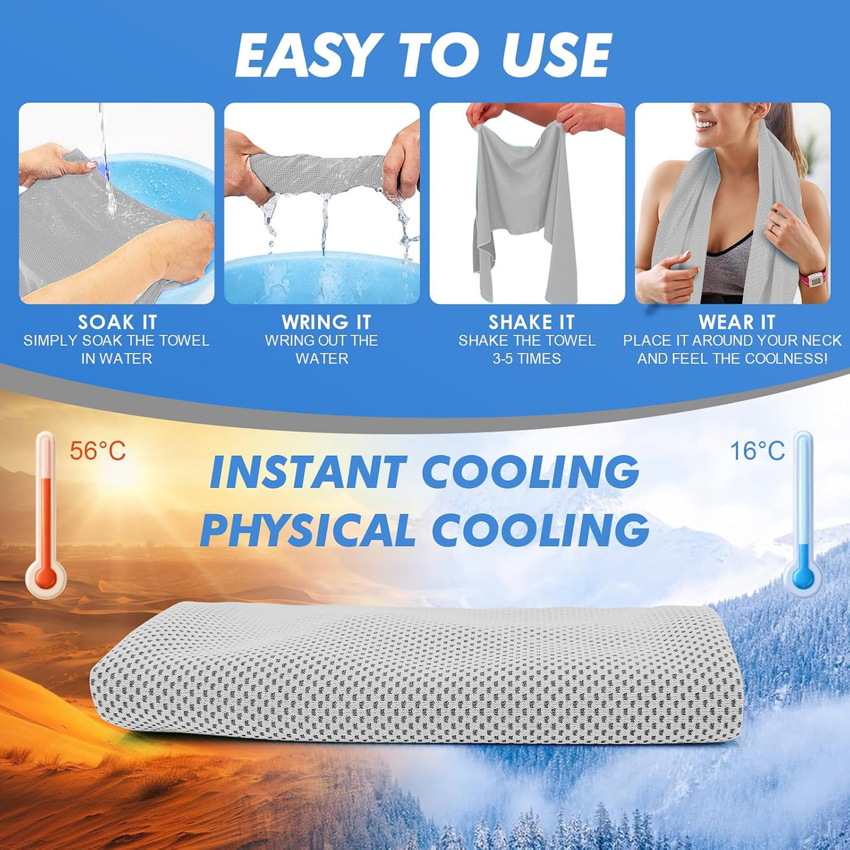 Cooling Towels for Neck and Face - 4 Pack 47x12 Inch Ice Cold Microfiber Towels, Soft & Breathable Cooling Towel for Hot Weather, Sports, Yoga, Workout, Running, Golf, Camping