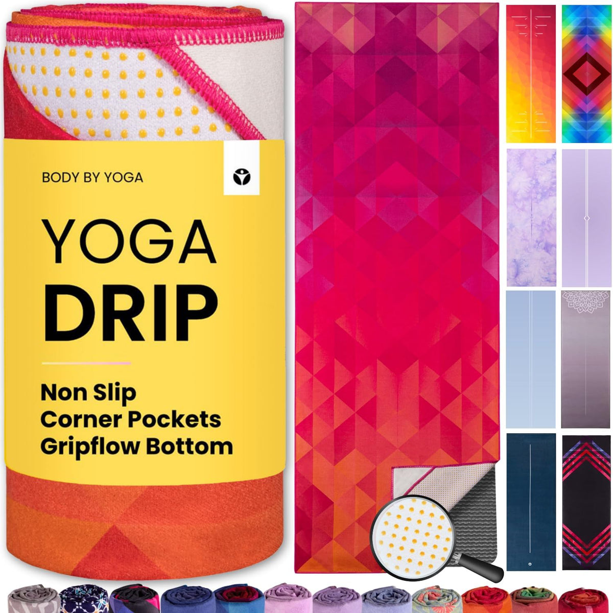 Yoga Drip Hot Yoga Towel – Non Slip Yoga Mat Towel with Corner Pockets, Silicone Grip Dots & Subtle Alignment Lines | Sweat Absorbent, Moisture Wicking, Quick Dry | No Bunching or Sliding | 72” x 26”