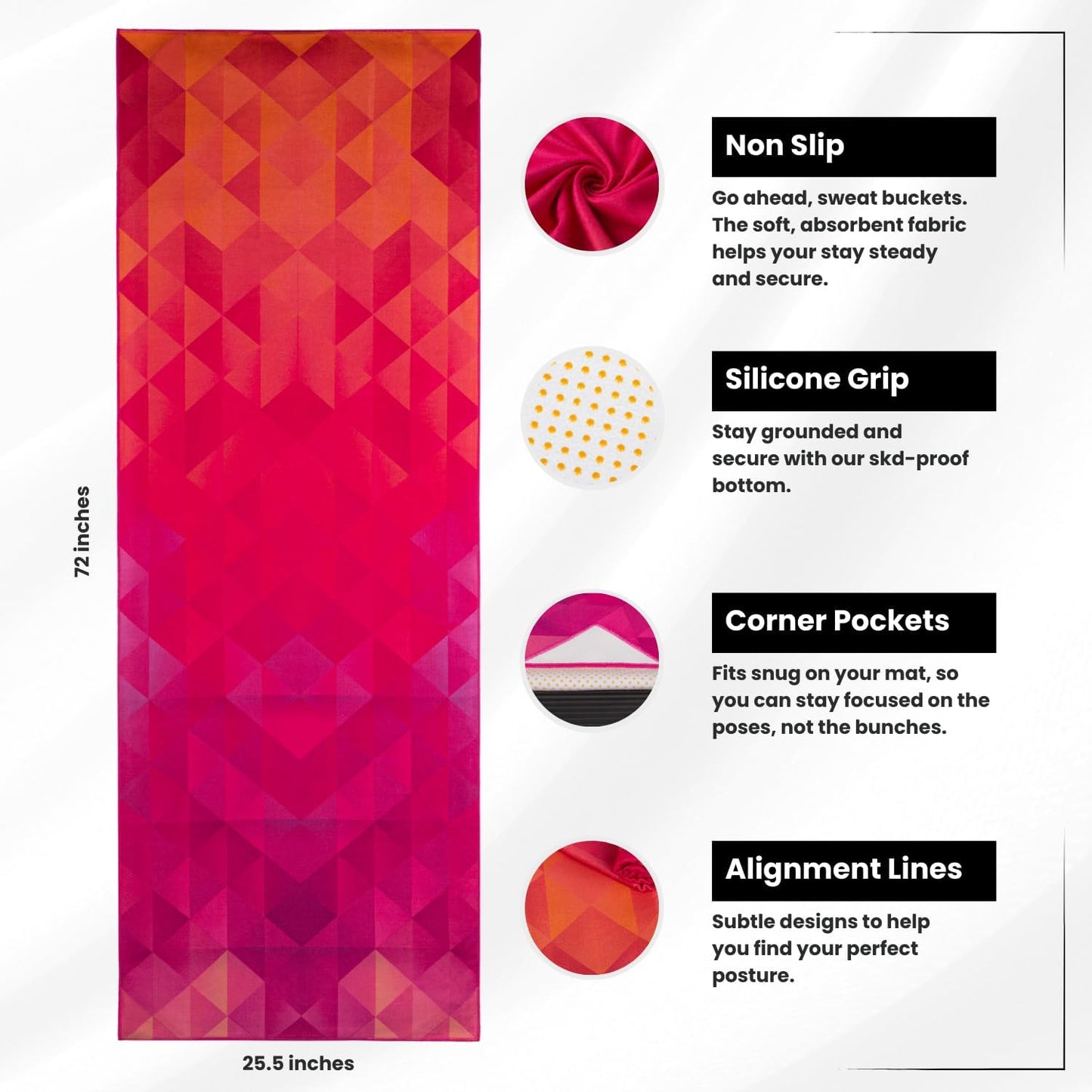 Yoga Drip Hot Yoga Towel – Non Slip Yoga Mat Towel with Corner Pockets, Silicone Grip Dots & Subtle Alignment Lines | Sweat Absorbent, Moisture Wicking, Quick Dry | No Bunching or Sliding | 72” x 26”