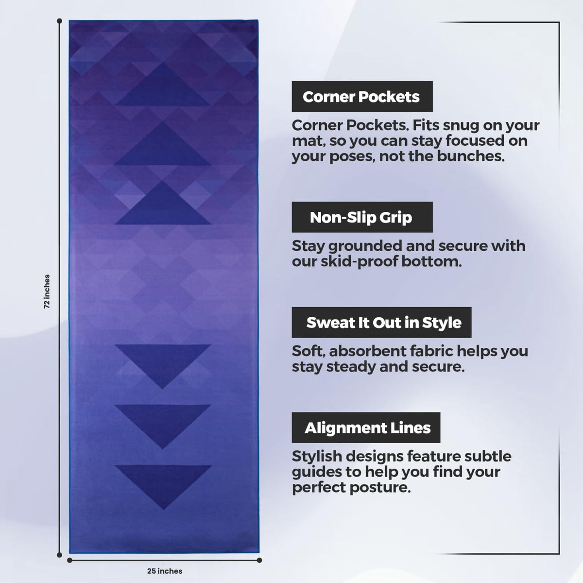 Yoga Drip Hot Yoga Towel – Non Slip Yoga Mat Towel with Corner Pockets, Silicone Grip Dots & Subtle Alignment Lines | Sweat Absorbent, Moisture Wicking, Quick Dry | No Bunching or Sliding | 72” x 26”