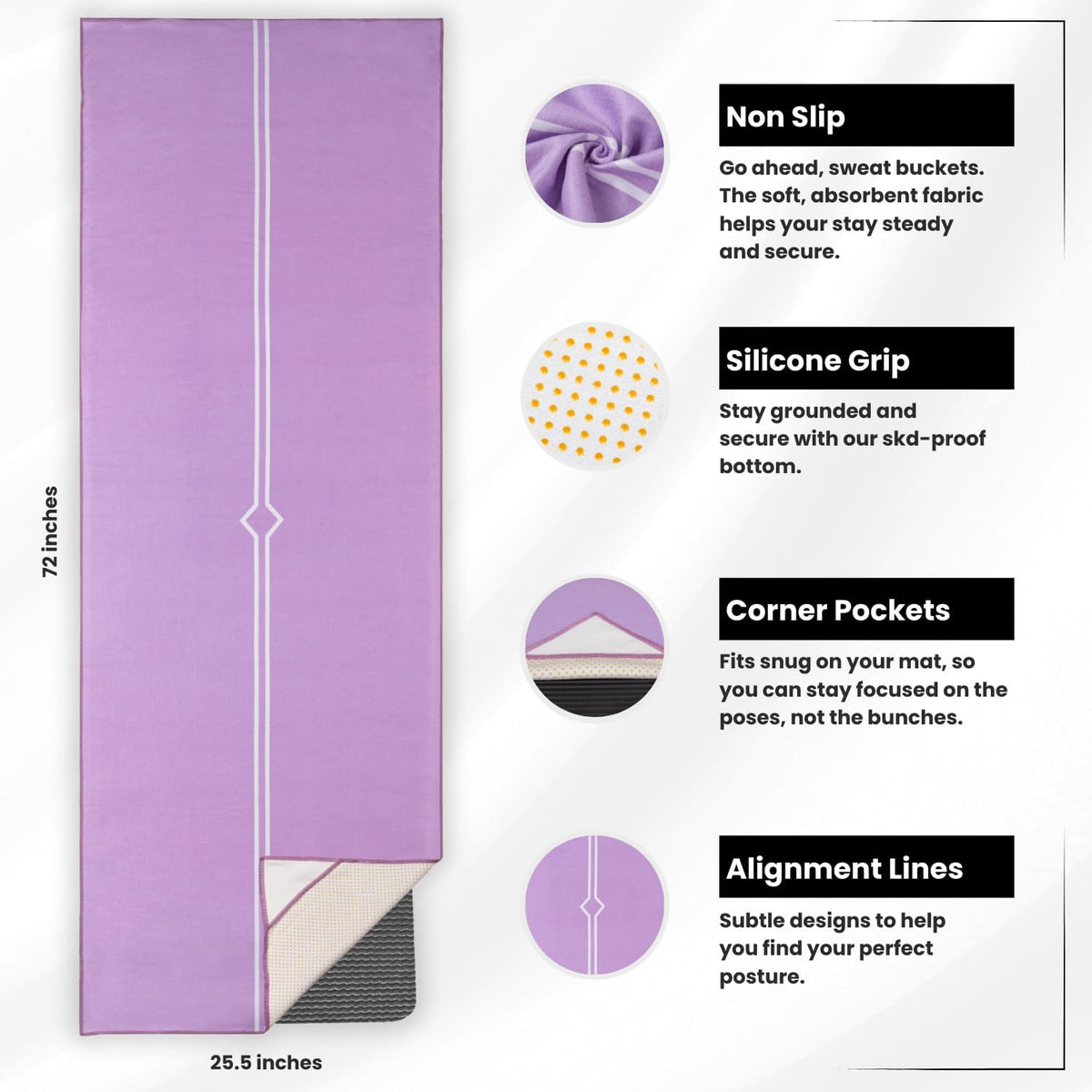 Yoga Drip Hot Yoga Towel – Non Slip Yoga Mat Towel with Corner Pockets, Silicone Grip Dots & Subtle Alignment Lines | Sweat Absorbent, Moisture Wicking, Quick Dry | No Bunching or Sliding | 72” x 26”