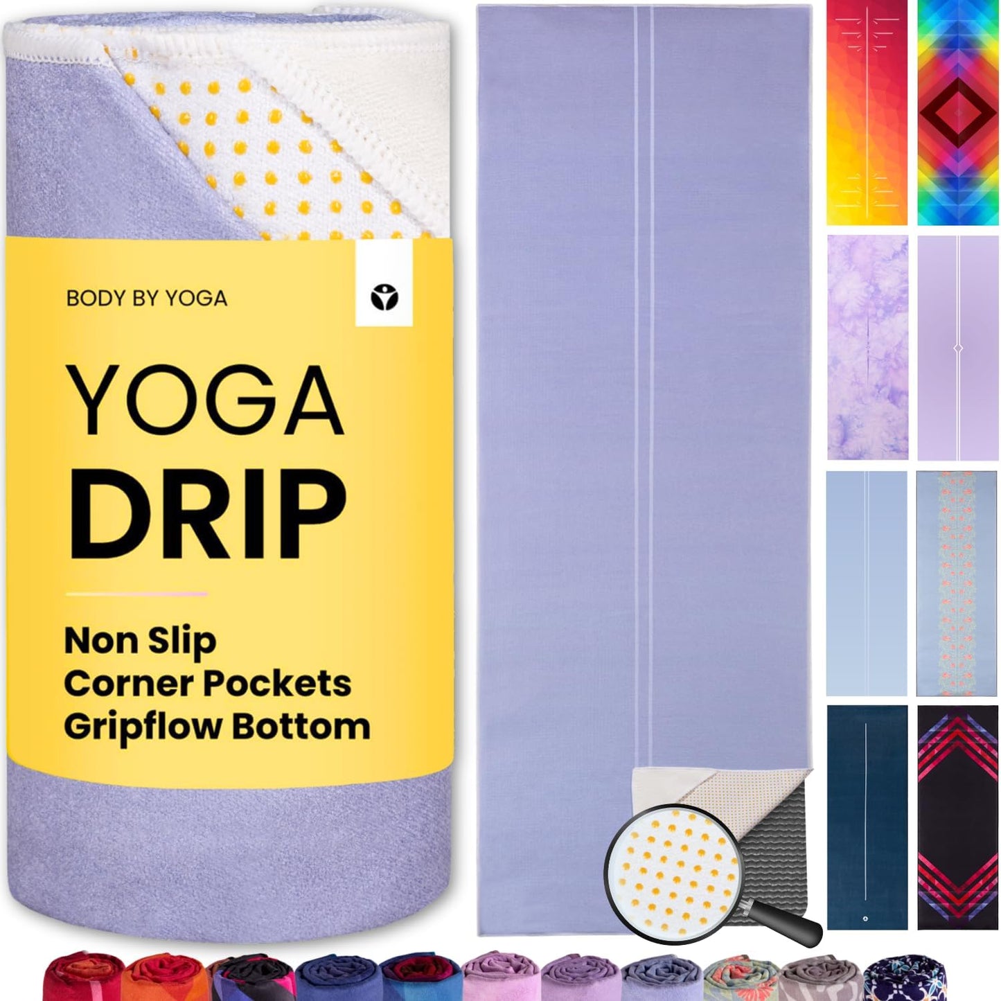 Yoga Drip Hot Yoga Towel – Non Slip Yoga Mat Towel with Corner Pockets, Silicone Grip Dots & Subtle Alignment Lines | Sweat Absorbent, Moisture Wicking, Quick Dry | No Bunching or Sliding | 72” x 26”