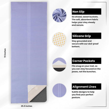 Yoga Drip Hot Yoga Towel – Non Slip Yoga Mat Towel with Corner Pockets, Silicone Grip Dots & Subtle Alignment Lines | Sweat Absorbent, Moisture Wicking, Quick Dry | No Bunching or Sliding | 72” x 26”
