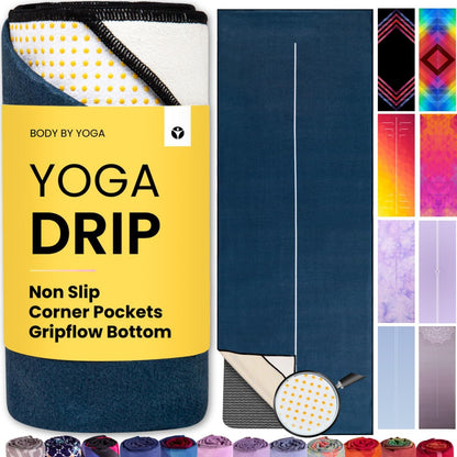 Yoga Drip Hot Yoga Towel – Non Slip Yoga Mat Towel with Corner Pockets, Silicone Grip Dots & Subtle Alignment Lines | Sweat Absorbent, Moisture Wicking, Quick Dry | No Bunching or Sliding | 72” x 26”