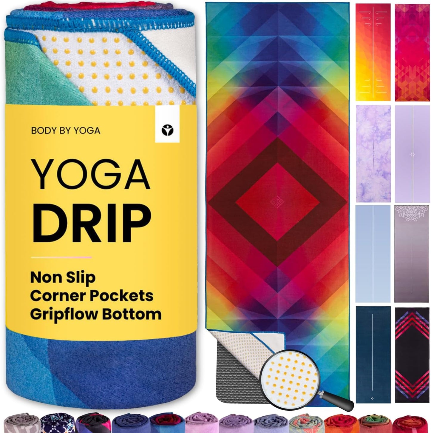 Yoga Drip Hot Yoga Towel – Non Slip Yoga Mat Towel with Corner Pockets, Silicone Grip Dots & Subtle Alignment Lines | Sweat Absorbent, Moisture Wicking, Quick Dry | No Bunching or Sliding | 72” x 26”