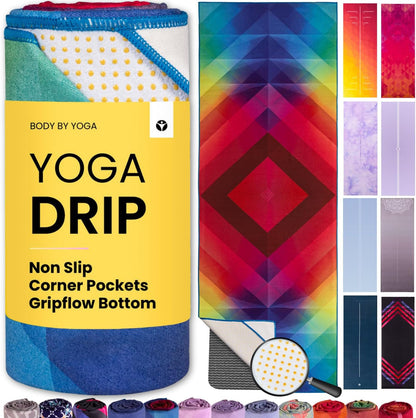 Yoga Drip Hot Yoga Towel – Non Slip Yoga Mat Towel with Corner Pockets, Silicone Grip Dots & Subtle Alignment Lines | Sweat Absorbent, Moisture Wicking, Quick Dry | No Bunching or Sliding | 72” x 26”