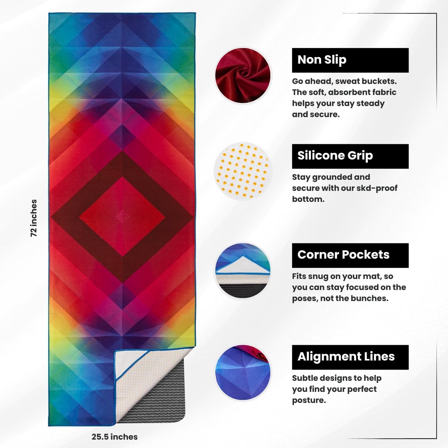 Yoga Drip Hot Yoga Towel – Non Slip Yoga Mat Towel with Corner Pockets, Silicone Grip Dots & Subtle Alignment Lines | Sweat Absorbent, Moisture Wicking, Quick Dry | No Bunching or Sliding | 72” x 26”