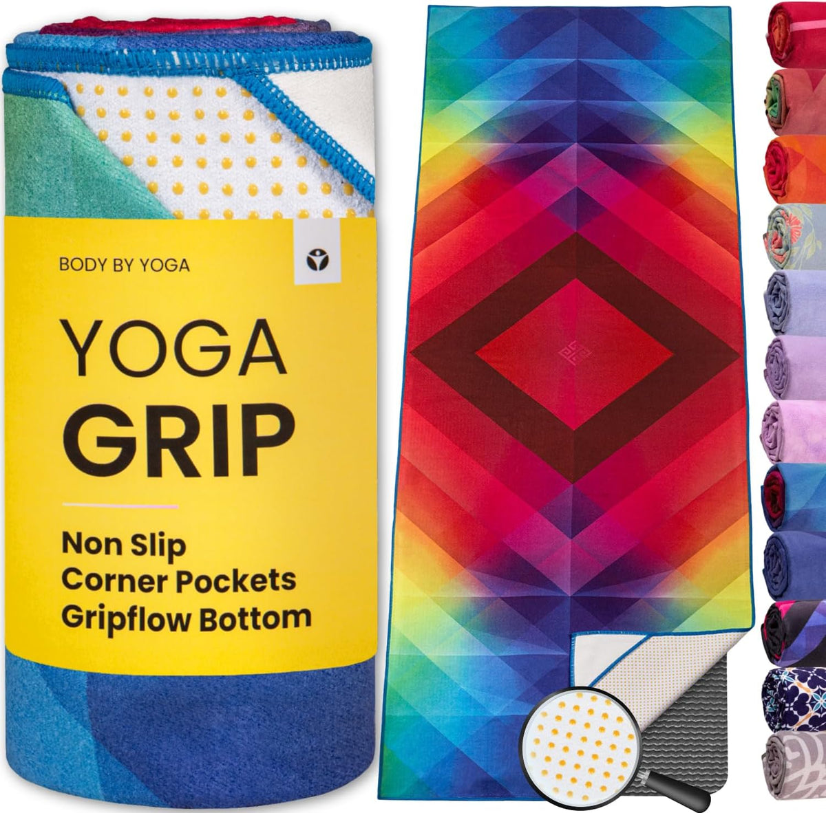 Yoga Drip Hot Yoga Towel – Non Slip Yoga Mat Towel with Corner Pockets, Silicone Grip Dots & Subtle Alignment Lines | Sweat Absorbent, Moisture Wicking, Quick Dry | No Bunching or Sliding | 72” x 26”