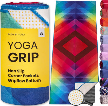 Yoga Drip Hot Yoga Towel – Non Slip Yoga Mat Towel with Corner Pockets, Silicone Grip Dots & Subtle Alignment Lines | Sweat Absorbent, Moisture Wicking, Quick Dry | No Bunching or Sliding | 72” x 26”