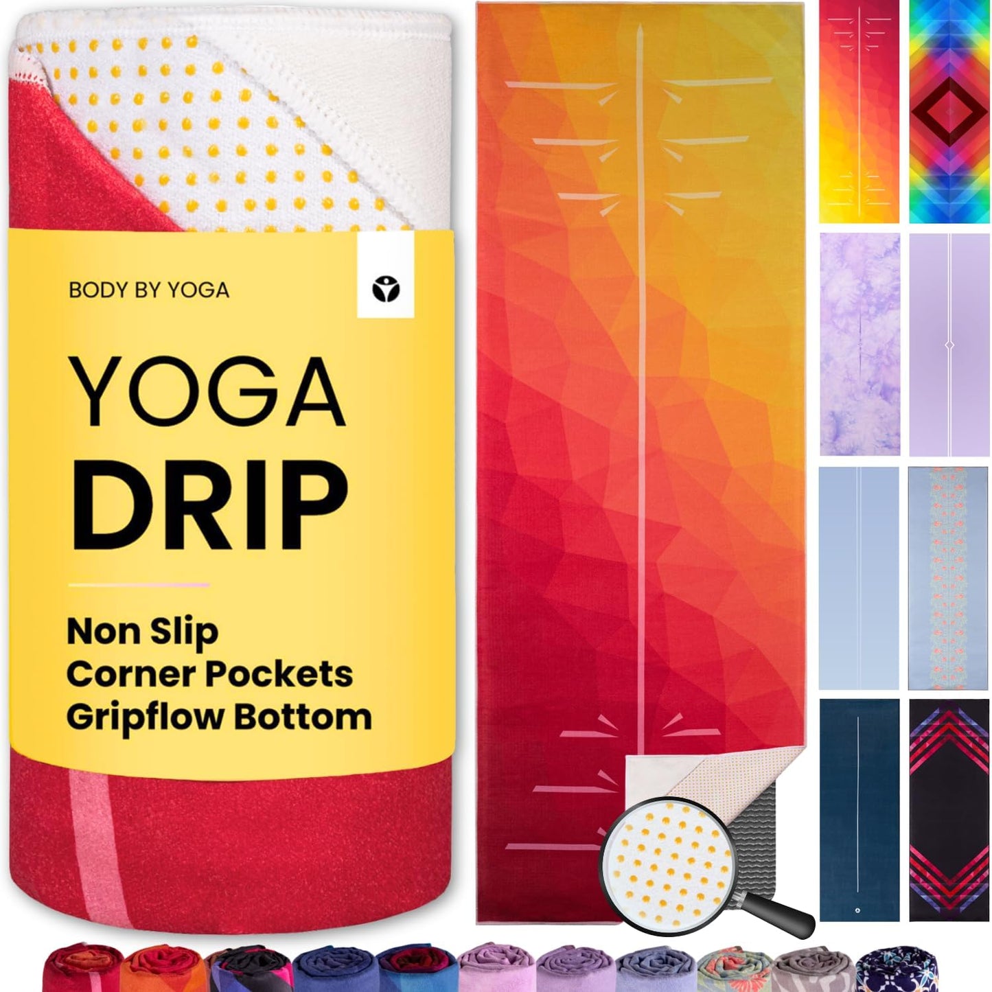 Yoga Drip Hot Yoga Towel – Non Slip Yoga Mat Towel with Corner Pockets, Silicone Grip Dots & Subtle Alignment Lines | Sweat Absorbent, Moisture Wicking, Quick Dry | No Bunching or Sliding | 72” x 26”