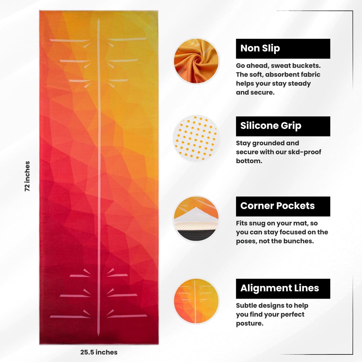 Yoga Drip Hot Yoga Towel – Non Slip Yoga Mat Towel with Corner Pockets, Silicone Grip Dots & Subtle Alignment Lines | Sweat Absorbent, Moisture Wicking, Quick Dry | No Bunching or Sliding | 72” x 26”