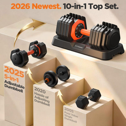 2026 FDB2 Updated Adjustable Dumbbell Set of 2, 5-in-1/10-in-1 Weights Dumbbell Set with Storage Box, 25lbs/55lbs Adjustable Weights with Anti-slip Silicone Grip, Weight Set For Home Gym Suit both Men and Women