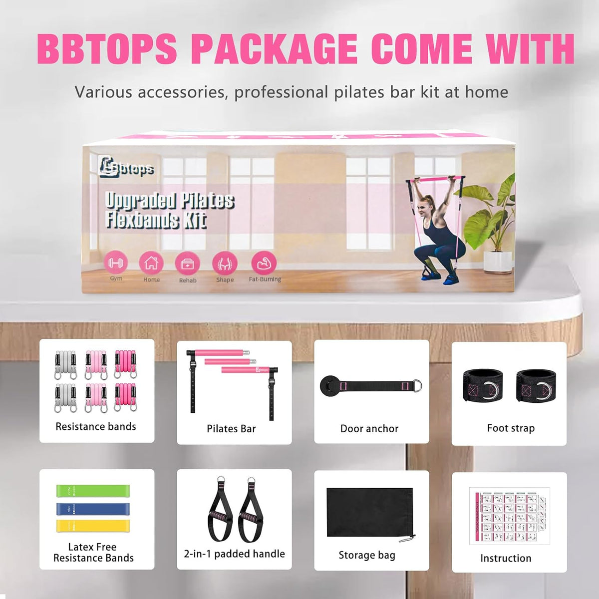 Bbtops Pilates Bar Kit with Resistance Bands,Pilates Bar with Stackable Bands Workout Equipment for Legs,Hip,Waist and Arm,Exercise Fitness Equipment for Women & Men