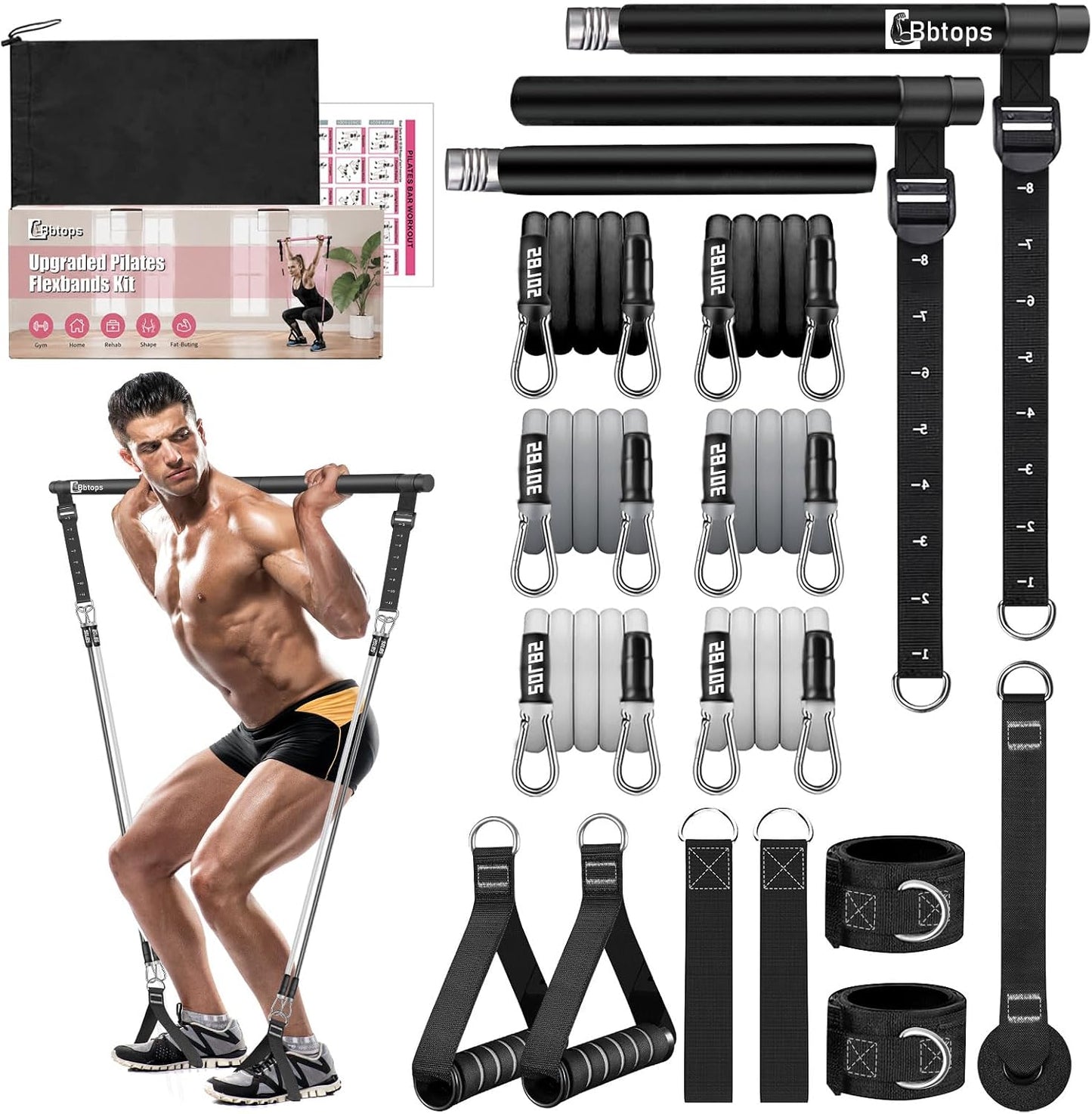 Bbtops Pilates Bar Kit with Resistance Bands,Pilates Bar with Stackable Bands Workout Equipment for Legs,Hip,Waist and Arm,Exercise Fitness Equipment for Women & Men