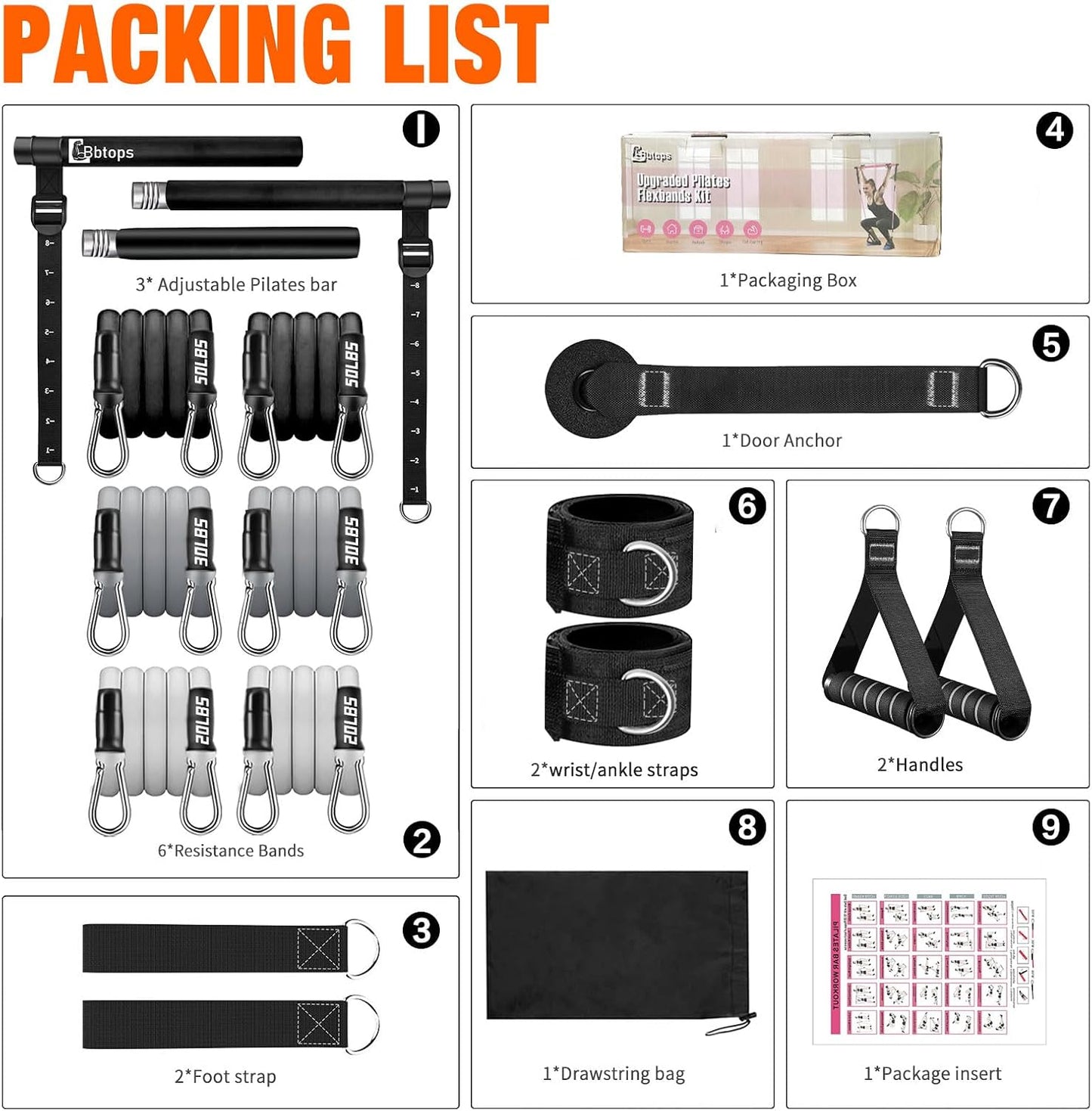 Bbtops Pilates Bar Kit with Resistance Bands,Pilates Bar with Stackable Bands Workout Equipment for Legs,Hip,Waist and Arm,Exercise Fitness Equipment for Women & Men