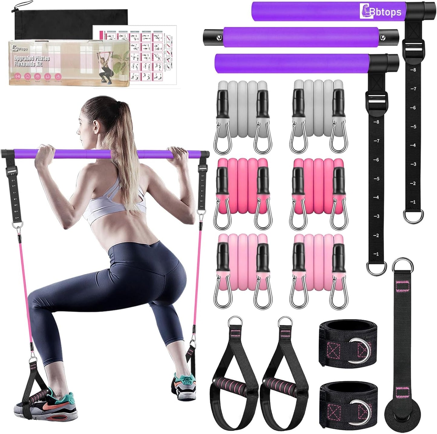 Bbtops Pilates Bar Kit with Resistance Bands,Pilates Bar with Stackable Bands Workout Equipment for Legs,Hip,Waist and Arm,Exercise Fitness Equipment for Women & Men