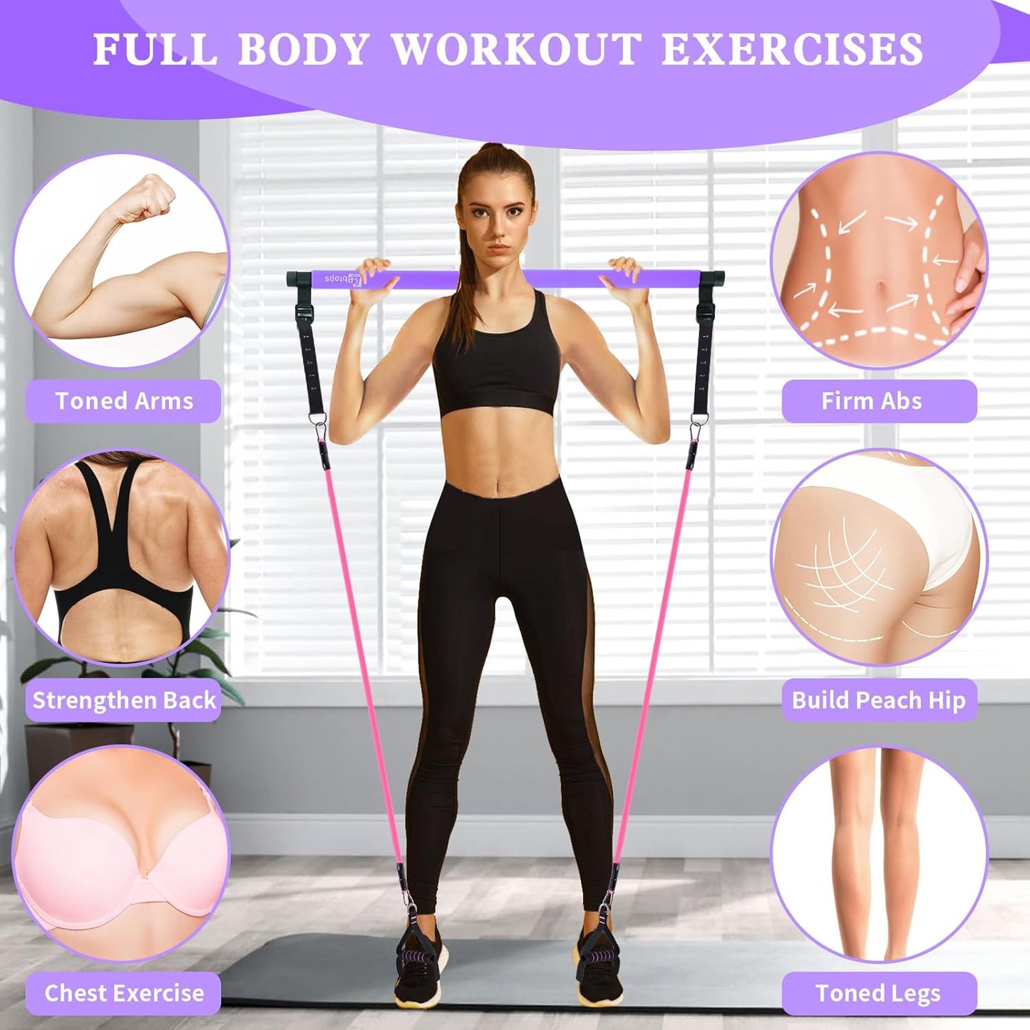 Bbtops Pilates Bar Kit with Resistance Bands,Pilates Bar with Stackable Bands Workout Equipment for Legs,Hip,Waist and Arm,Exercise Fitness Equipment for Women & Men
