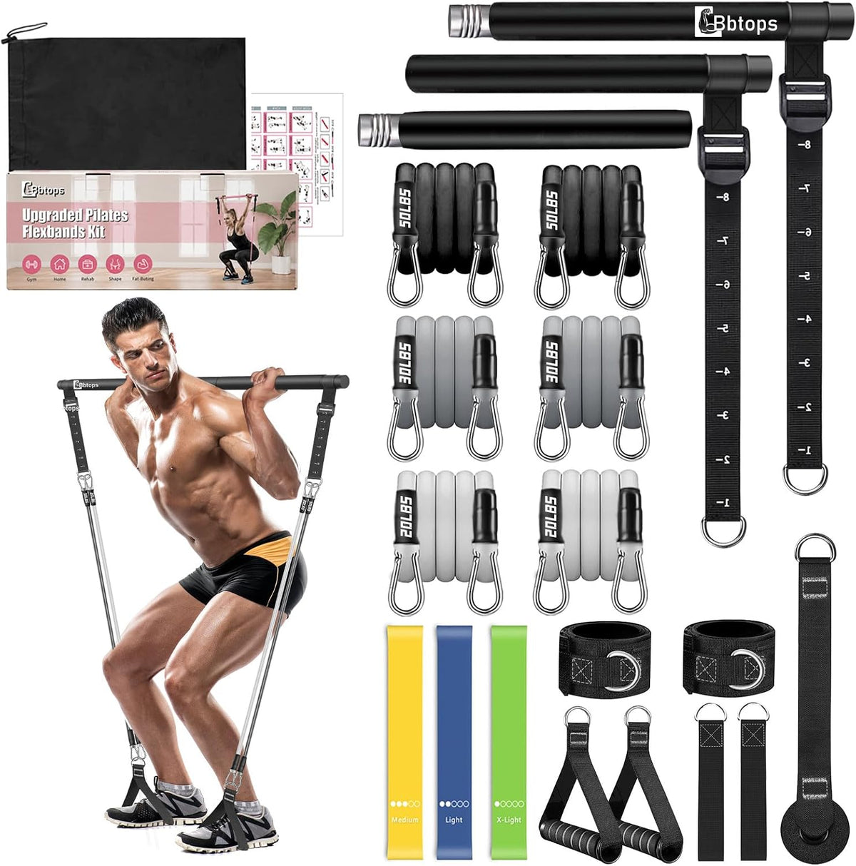 Bbtops Pilates Bar Kit with Resistance Bands,Pilates Bar with Stackable Bands Workout Equipment for Legs,Hip,Waist and Arm,Exercise Fitness Equipment for Women & Men