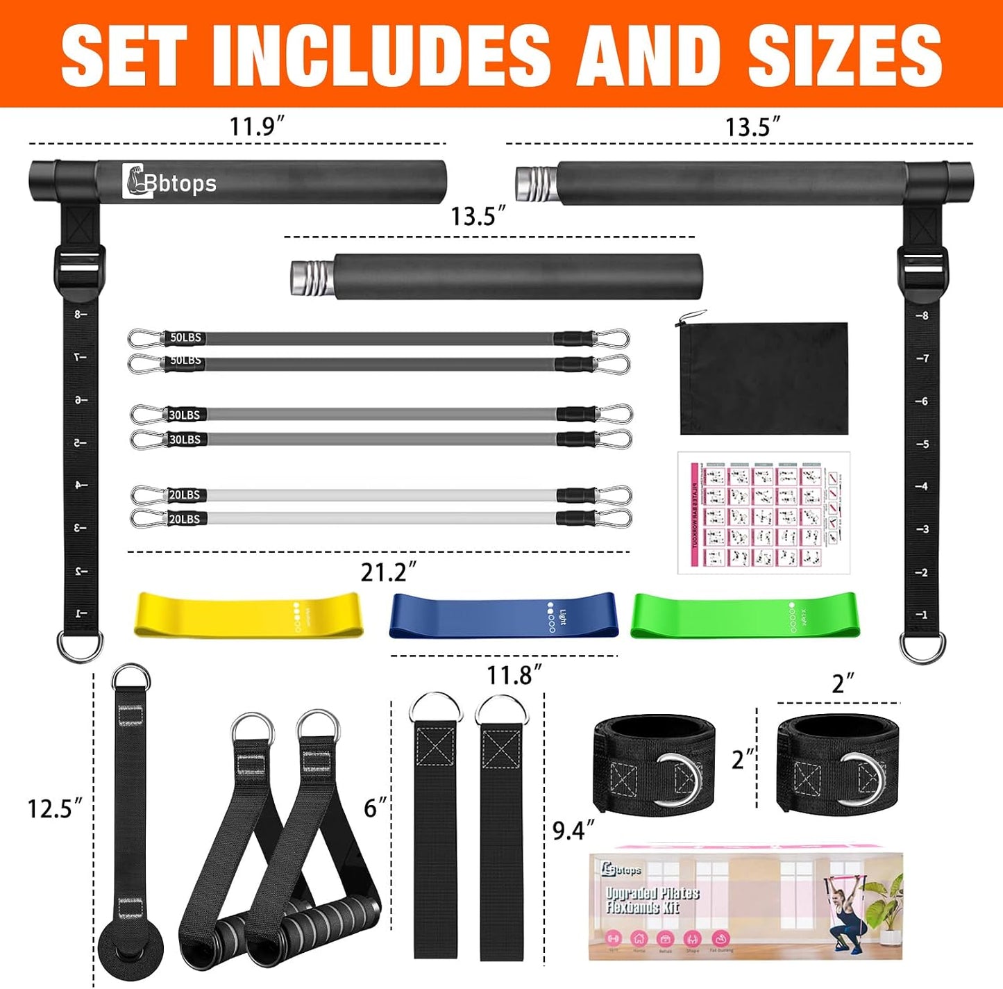 Bbtops Pilates Bar Kit with Resistance Bands,Pilates Bar with Stackable Bands Workout Equipment for Legs,Hip,Waist and Arm,Exercise Fitness Equipment for Women & Men