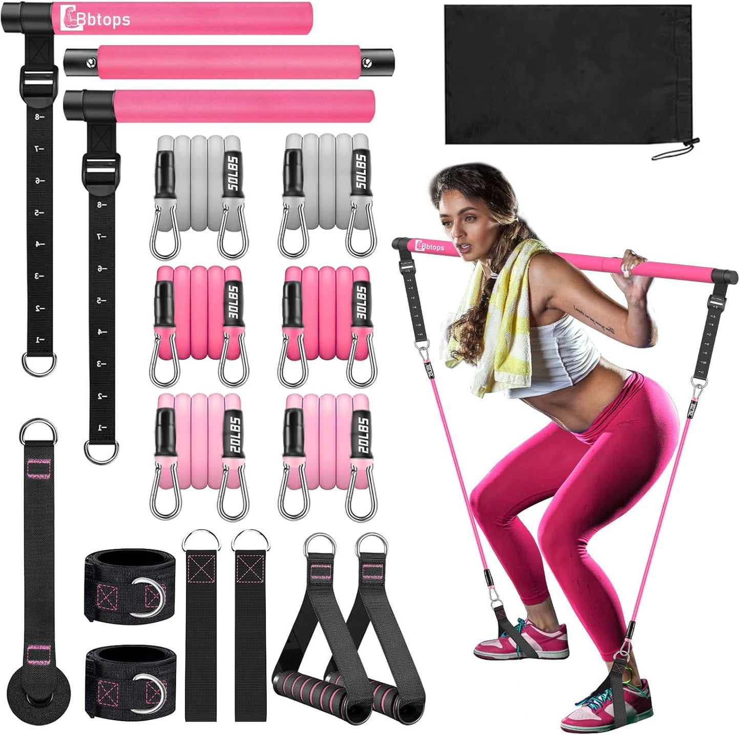 Bbtops Pilates Bar Kit with Resistance Bands,Pilates Bar with Stackable Bands Workout Equipment for Legs,Hip,Waist and Arm,Exercise Fitness Equipment for Women & Men