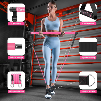 Bbtops Pilates Bar Kit with Resistance Bands,Pilates Bar with Stackable Bands Workout Equipment for Legs,Hip,Waist and Arm,Exercise Fitness Equipment for Women & Men
