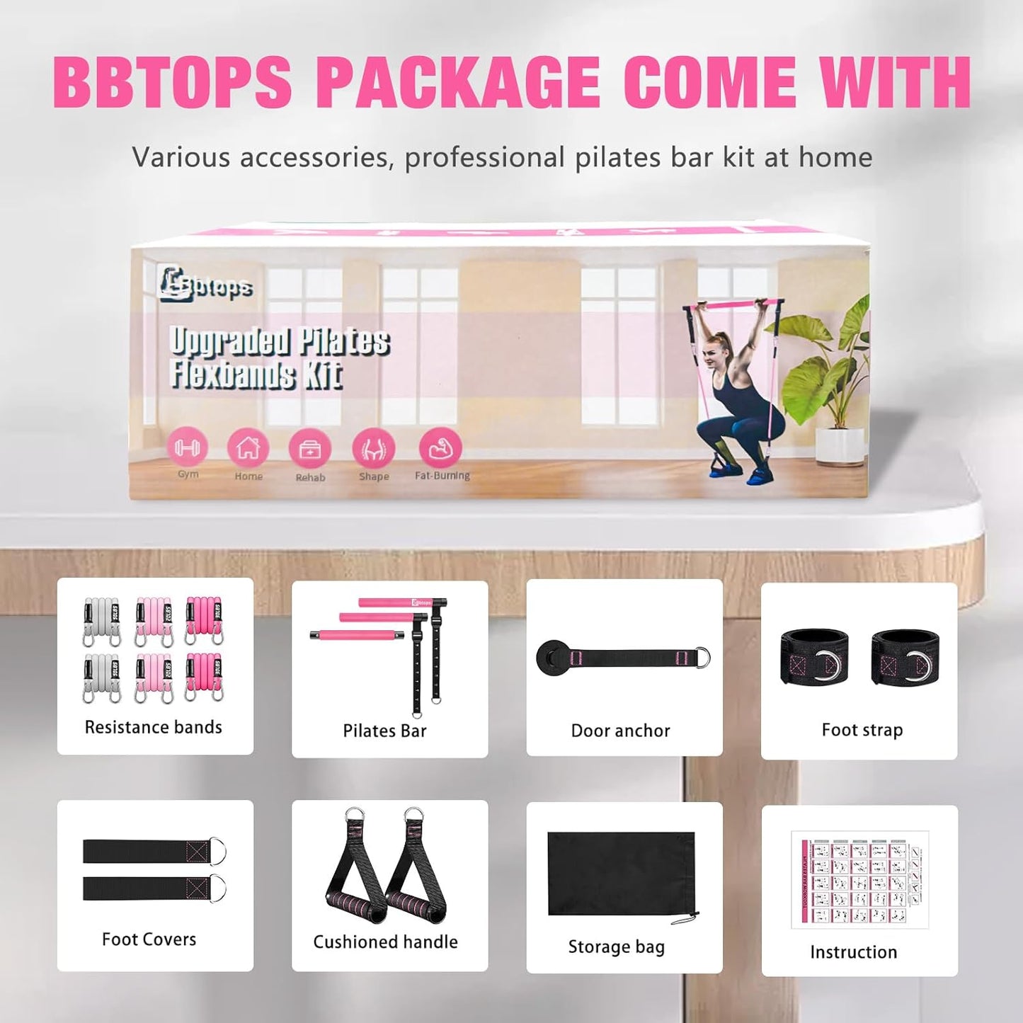Bbtops Pilates Bar Kit with Resistance Bands,Pilates Bar with Stackable Bands Workout Equipment for Legs,Hip,Waist and Arm,Exercise Fitness Equipment for Women & Men
