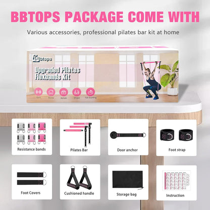 Bbtops Pilates Bar Kit with Resistance Bands,Pilates Bar with Stackable Bands Workout Equipment for Legs,Hip,Waist and Arm,Exercise Fitness Equipment for Women & Men