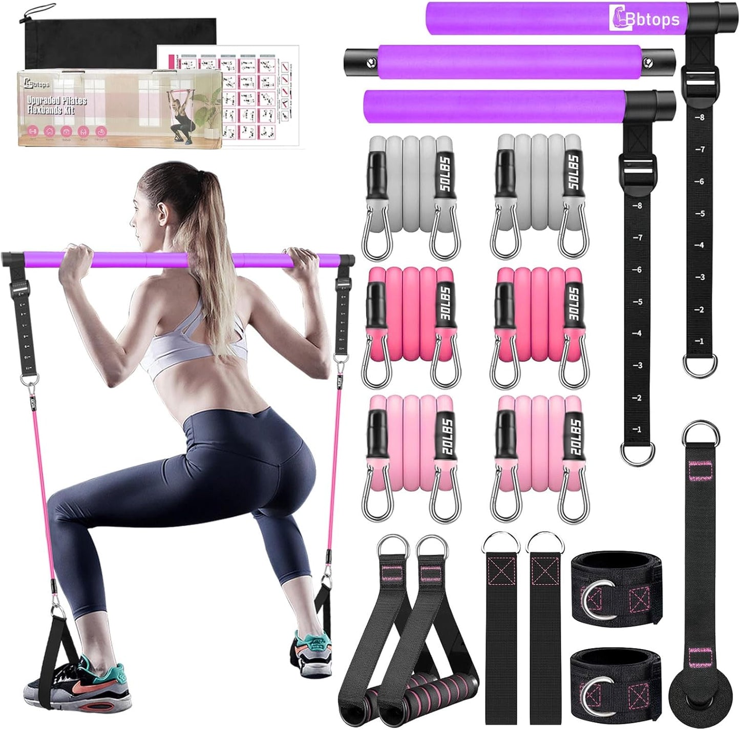 Bbtops Pilates Bar Kit with Resistance Bands,Pilates Bar with Stackable Bands Workout Equipment for Legs,Hip,Waist and Arm,Exercise Fitness Equipment for Women & Men
