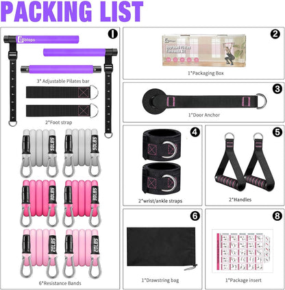 Bbtops Pilates Bar Kit with Resistance Bands,Pilates Bar with Stackable Bands Workout Equipment for Legs,Hip,Waist and Arm,Exercise Fitness Equipment for Women & Men
