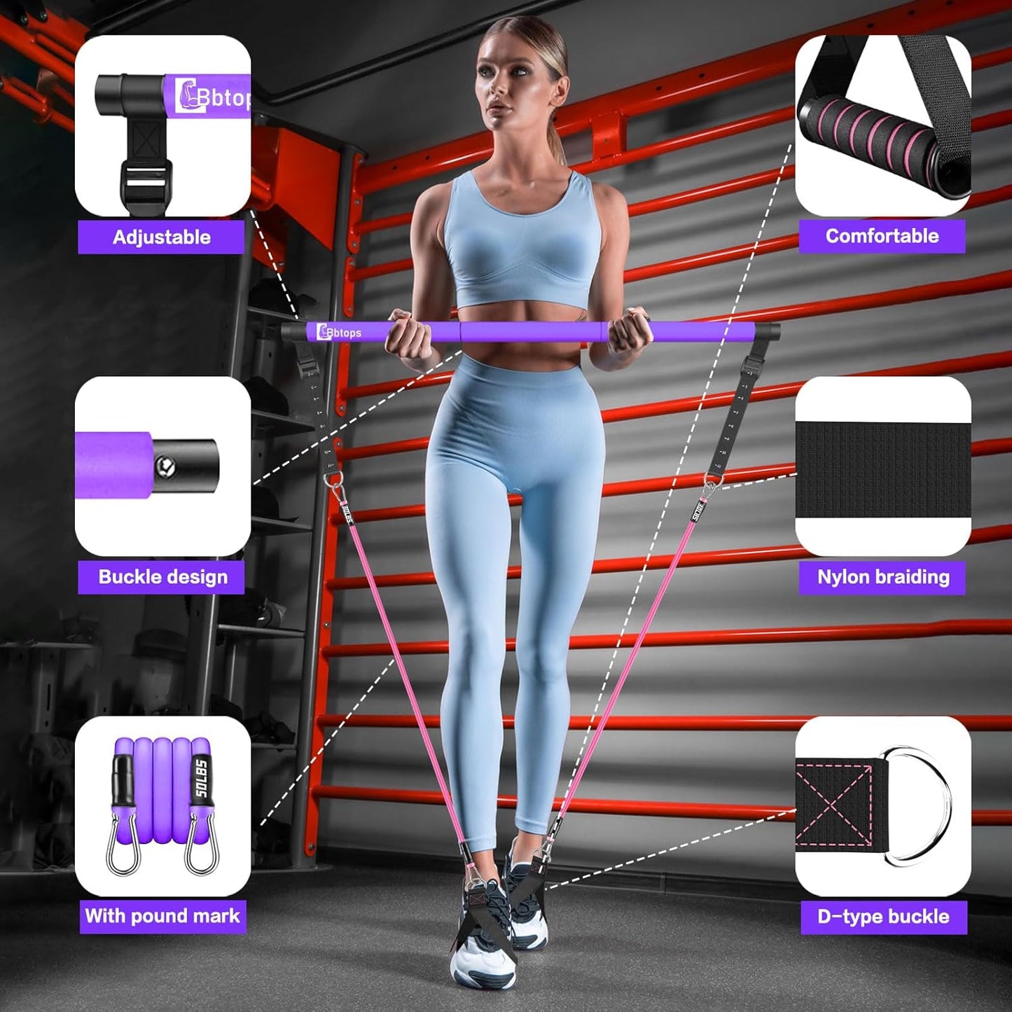 Bbtops Pilates Bar Kit with Resistance Bands,Pilates Bar with Stackable Bands Workout Equipment for Legs,Hip,Waist and Arm,Exercise Fitness Equipment for Women & Men
