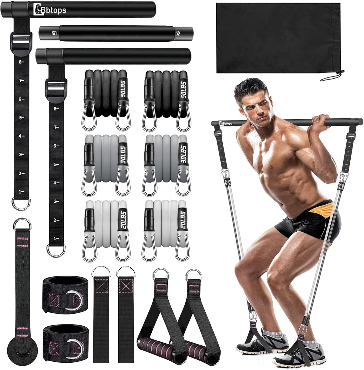 Bbtops Pilates Bar Kit with Resistance Bands,Pilates Bar with Stackable Bands Workout Equipment for Legs,Hip,Waist and Arm,Exercise Fitness Equipment for Women & Men