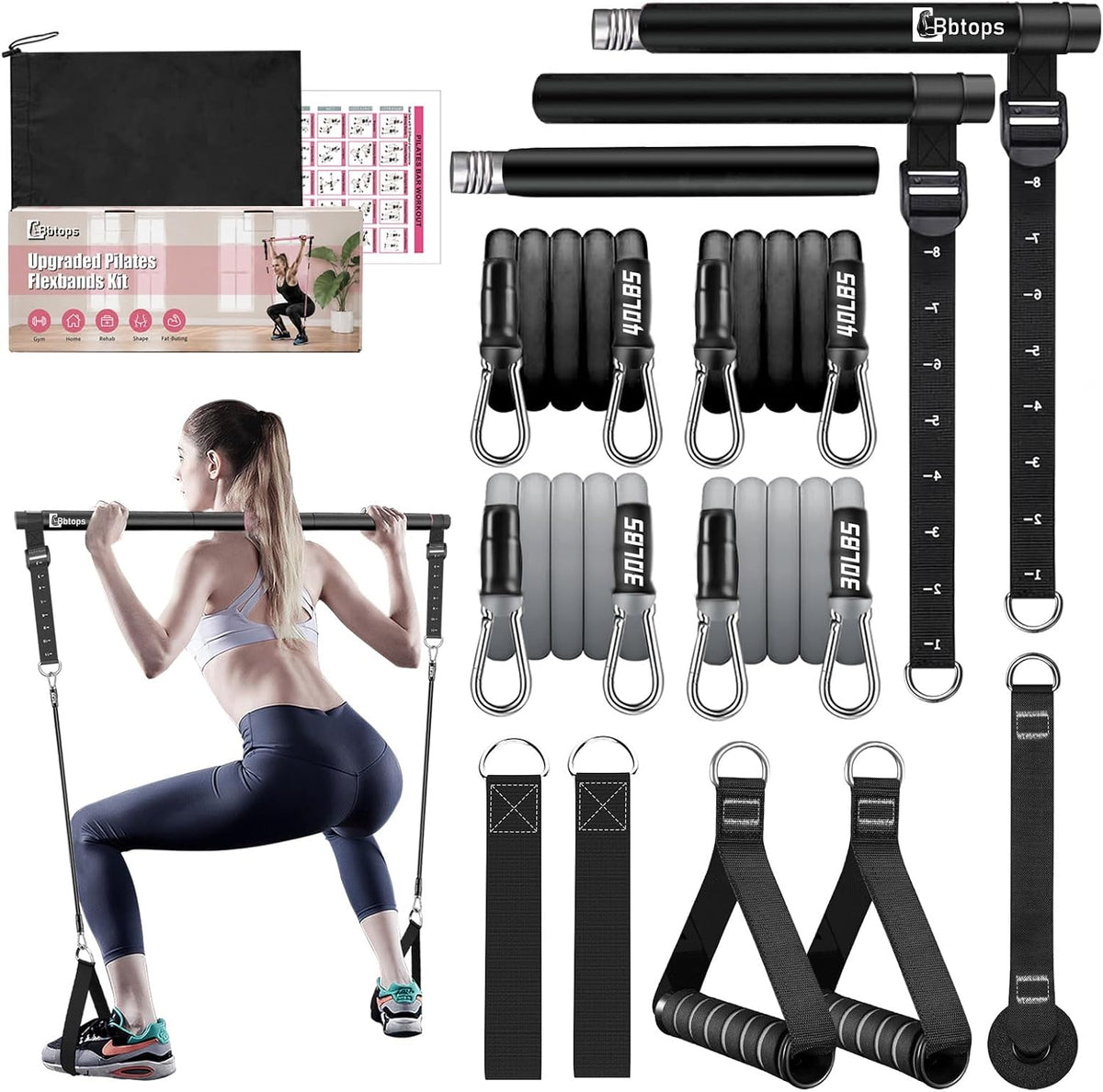 Bbtops Pilates Bar Kit with Resistance Bands,Pilates Bar with Stackable Bands Workout Equipment for Legs,Hip,Waist and Arm,Exercise Fitness Equipment for Women & Men