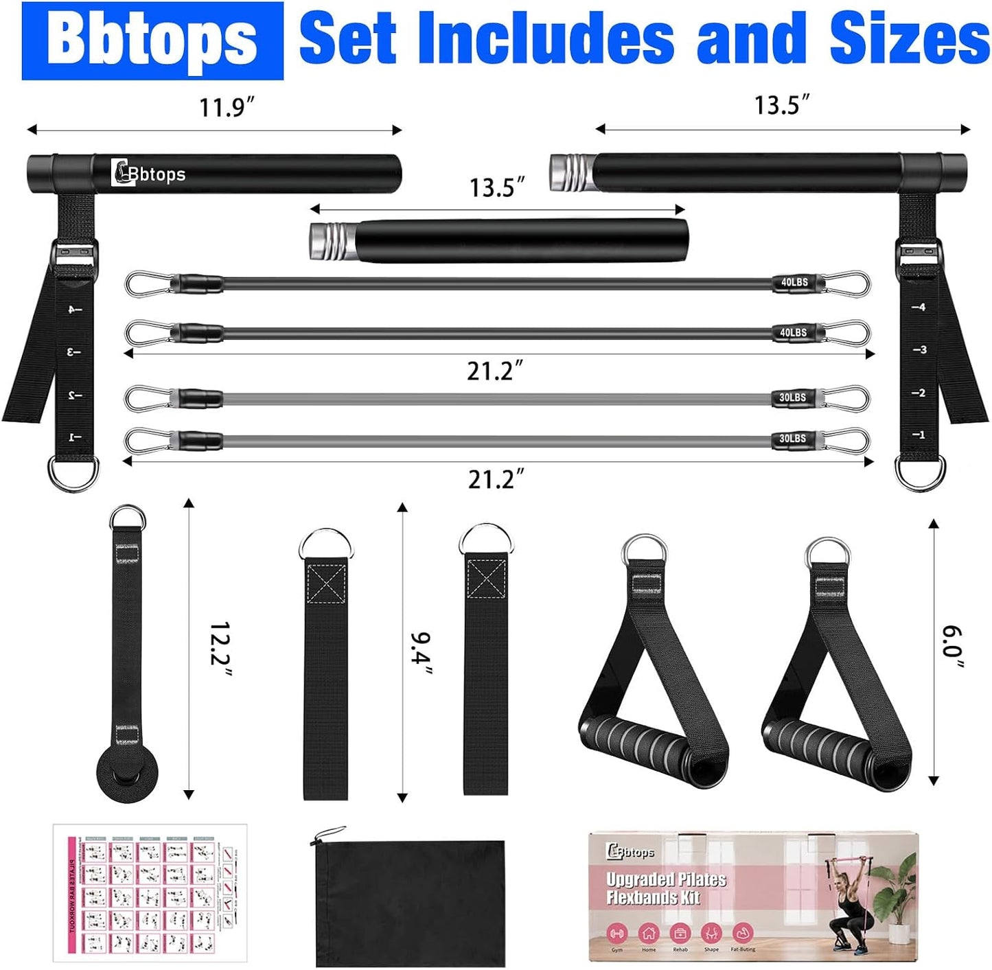 Bbtops Pilates Bar Kit with Resistance Bands,Pilates Bar with Stackable Bands Workout Equipment for Legs,Hip,Waist and Arm,Exercise Fitness Equipment for Women & Men