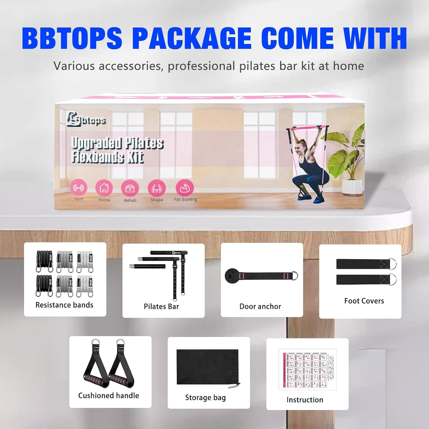 Bbtops Pilates Bar Kit with Resistance Bands,Pilates Bar with Stackable Bands Workout Equipment for Legs,Hip,Waist and Arm,Exercise Fitness Equipment for Women & Men