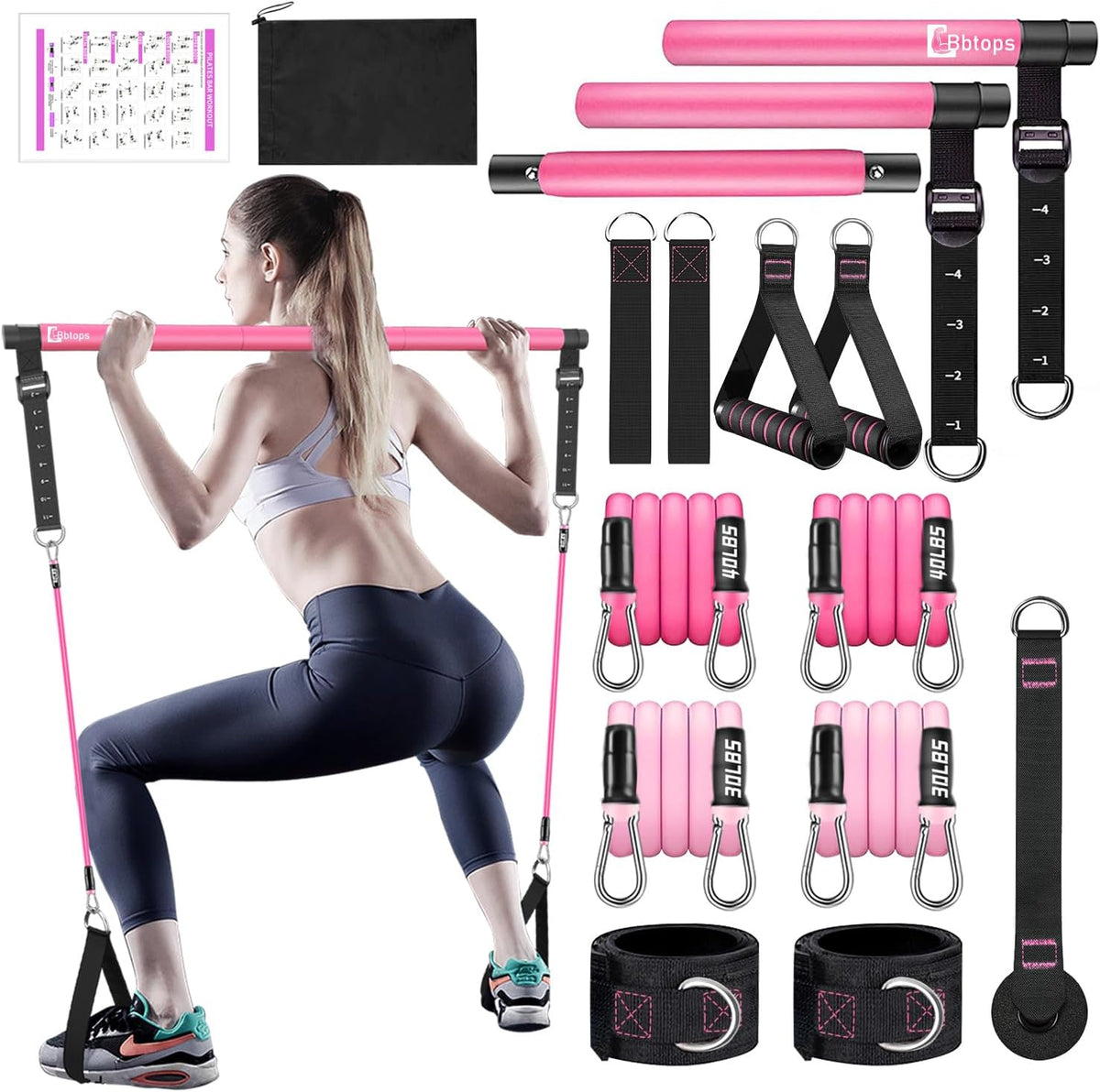 Bbtops Pilates Bar Kit with Resistance Bands,Pilates Bar with Stackable Bands Workout Equipment for Legs,Hip,Waist and Arm,Exercise Fitness Equipment for Women & Men