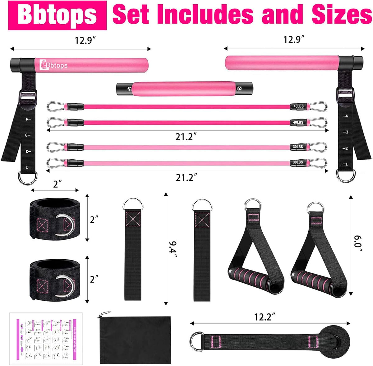 Bbtops Pilates Bar Kit with Resistance Bands,Pilates Bar with Stackable Bands Workout Equipment for Legs,Hip,Waist and Arm,Exercise Fitness Equipment for Women & Men