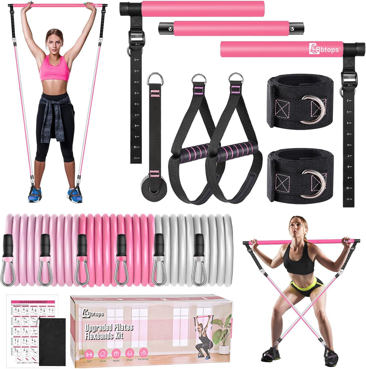 Bbtops Pilates Bar Kit with Resistance Bands,Pilates Bar with Stackable Bands Workout Equipment for Legs,Hip,Waist and Arm,Exercise Fitness Equipment for Women & Men